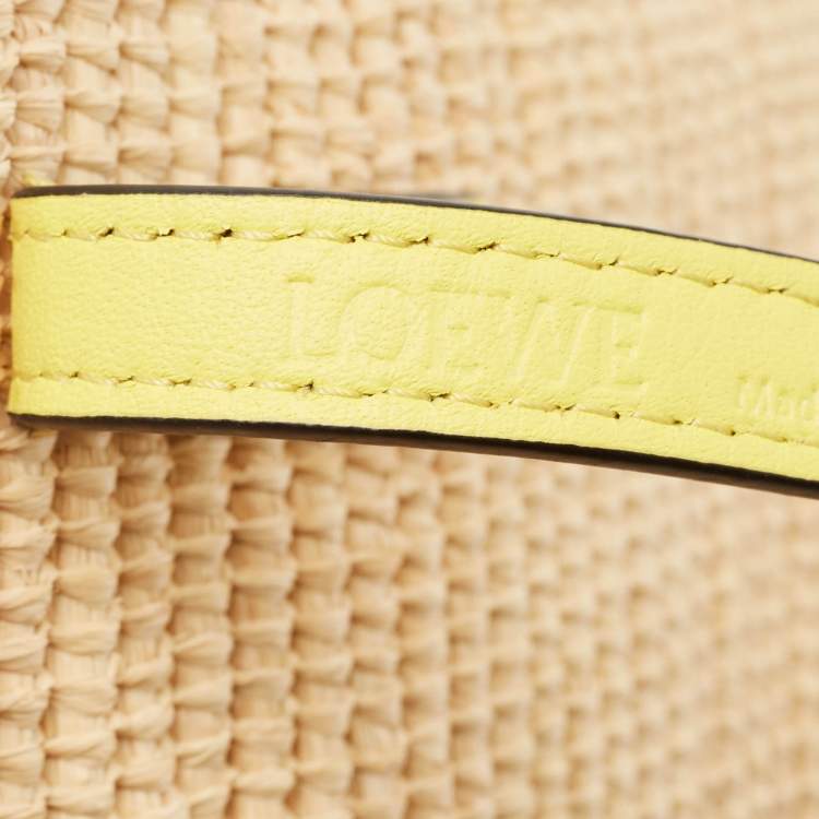Pre Owned Loewe Yellow/Beige Leather and Raffia Mini Anagram Basket Tote
