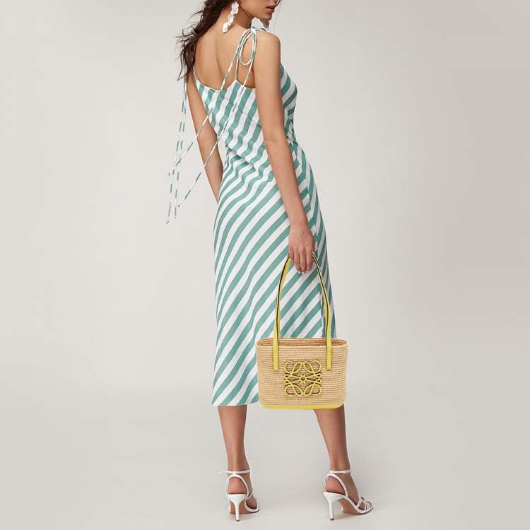 Pre Owned Loewe Yellow/Beige Leather and Raffia Mini Anagram Basket Tote