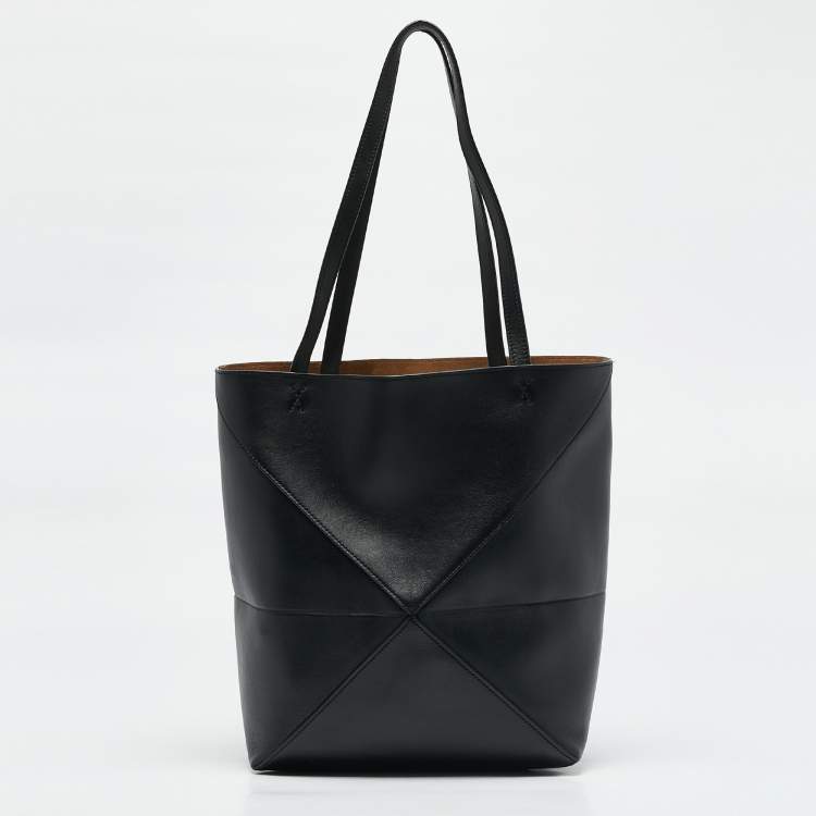 Pre Owned Loewe Black Leather Medium Puzzle Fold Convertible Tote