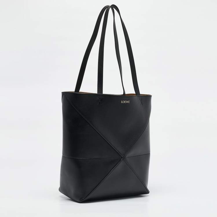 Pre Owned Loewe Black Leather Medium Puzzle Fold Convertible Tote