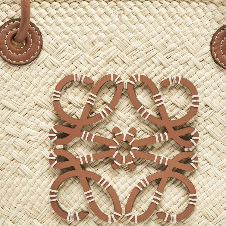 Pre Owned Loewe Cream/Brown Raffia and Leather Small Anagram Basket Bag