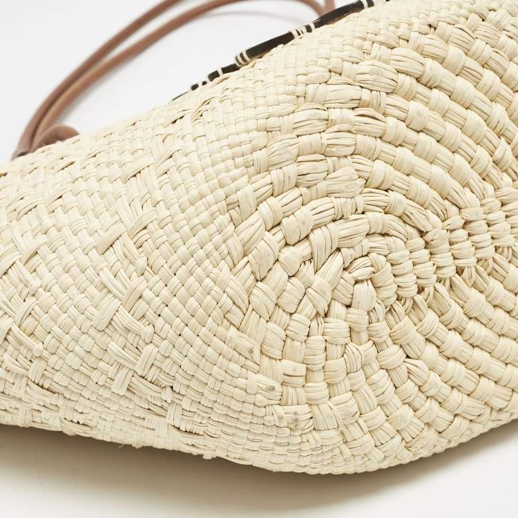 Pre Owned Loewe Cream/Brown Raffia and Leather Small Anagram Basket Bag