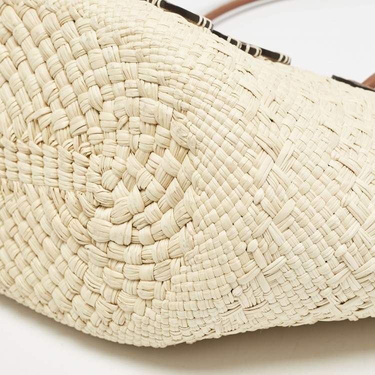 Pre Owned Loewe Cream/Brown Raffia and Leather Small Anagram Basket Bag