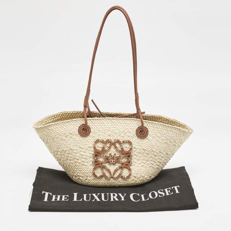 Pre Owned Loewe Cream/Brown Raffia and Leather Small Anagram Basket Bag