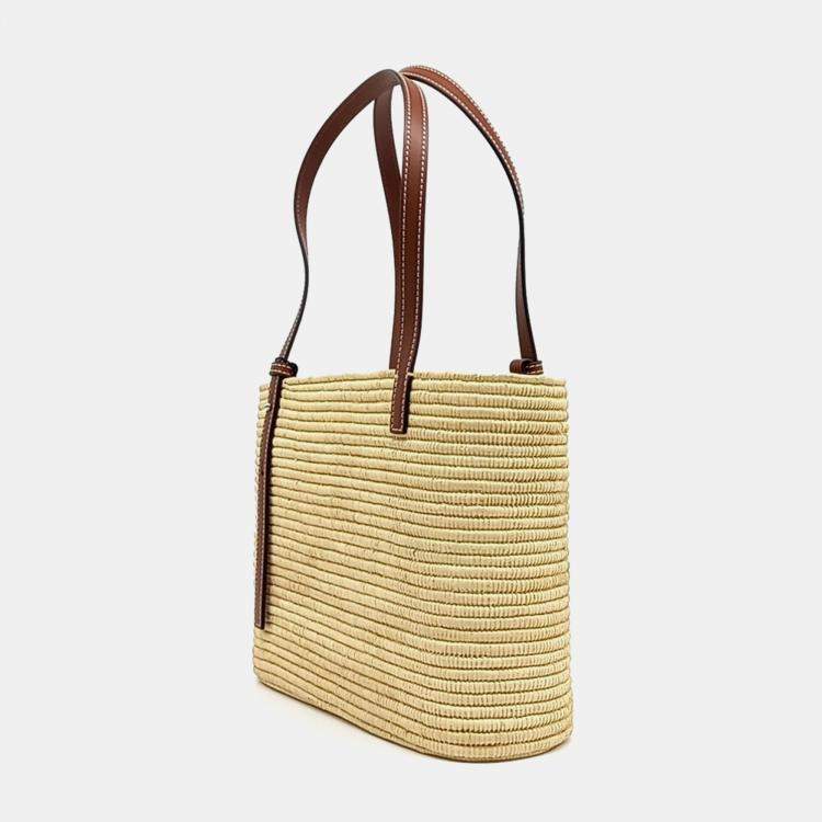 Pre Owned Loewe Beige Brown Leather and Raffia Square Basket Small Bag