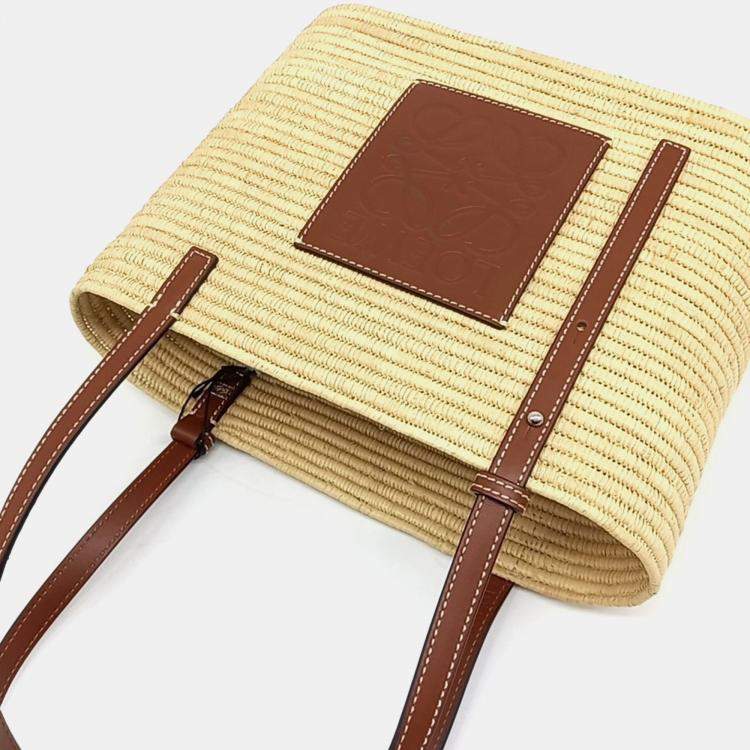Pre Owned Loewe Beige Brown Leather and Raffia Square Basket Small Bag