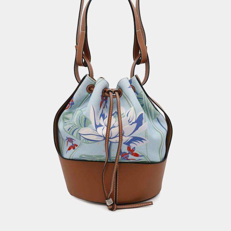 Pre Owned Loewe Blue Brown Canvas Leather Paula Balloon Bag