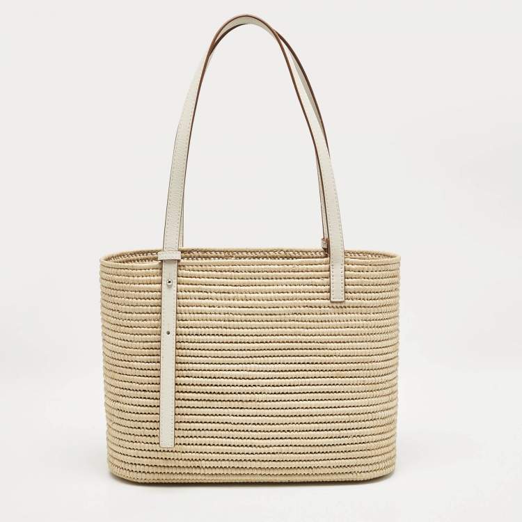 Pre Owned Loewe Beige/White Leather and Raffia Small Square Basket Tote