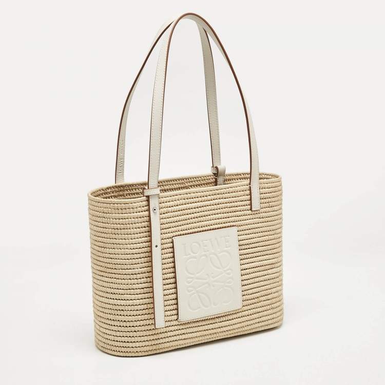 Pre Owned Loewe Beige/White Leather and Raffia Small Square Basket Tote