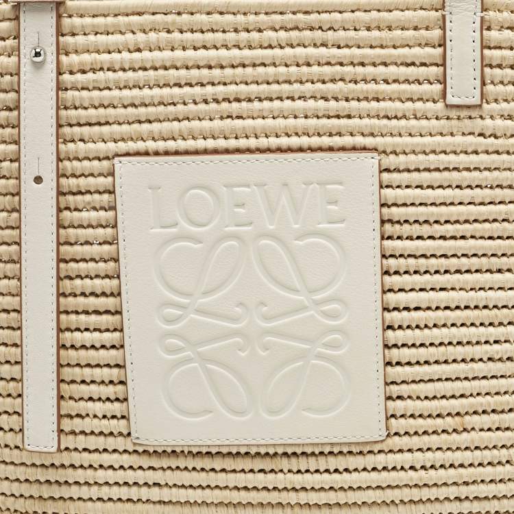 Pre Owned Loewe Beige/White Leather and Raffia Small Square Basket Tote