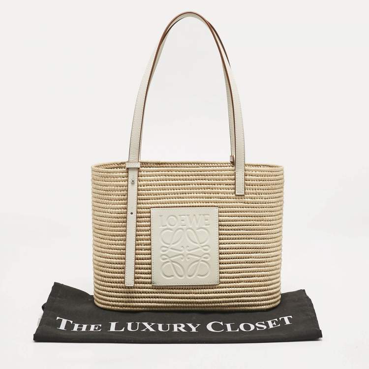 Pre Owned Loewe Beige/White Leather and Raffia Small Square Basket Tote