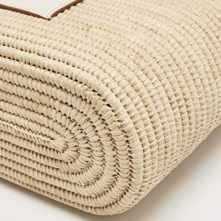 Pre Owned Loewe Beige/White Leather and Raffia Small Square Basket Tote
