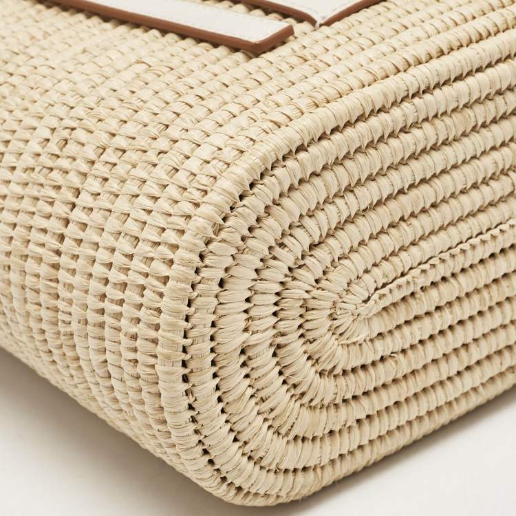 Pre Owned Loewe Beige/White Leather and Raffia Small Square Basket Tote