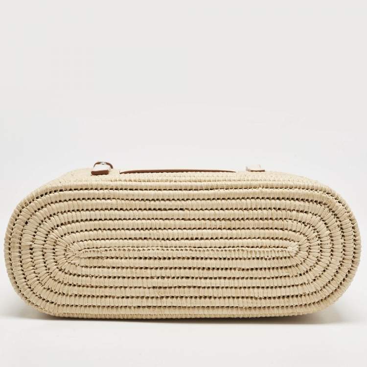 Pre Owned Loewe Beige/White Leather and Raffia Small Square Basket Tote