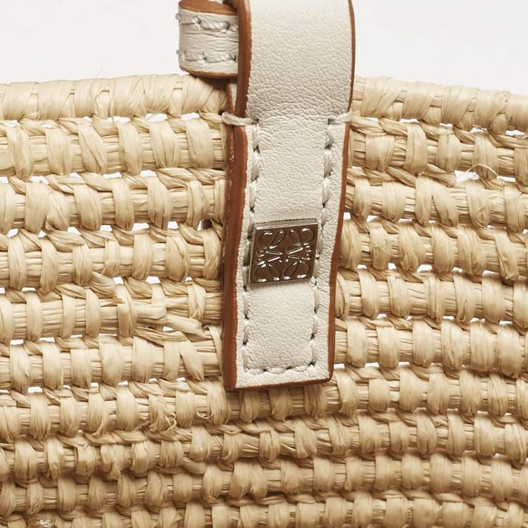 Pre Owned Loewe Beige/White Leather and Raffia Small Square Basket Tote