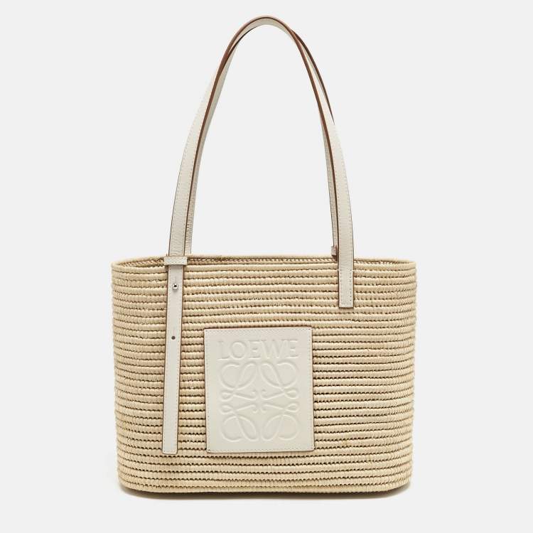 Pre Owned Loewe Beige/White Leather and Raffia Small Square Basket Tote