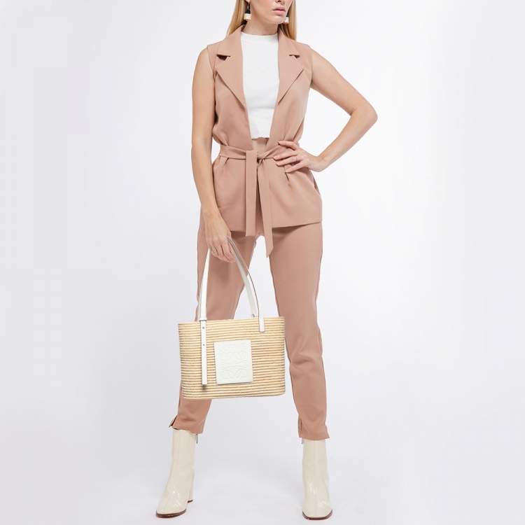 Pre Owned Loewe Beige/White Leather and Raffia Small Square Basket Tote