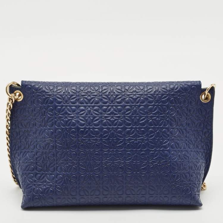 Pre Owned Loewe Blue Logo Embossed Leather Avenue Shoulder Bag