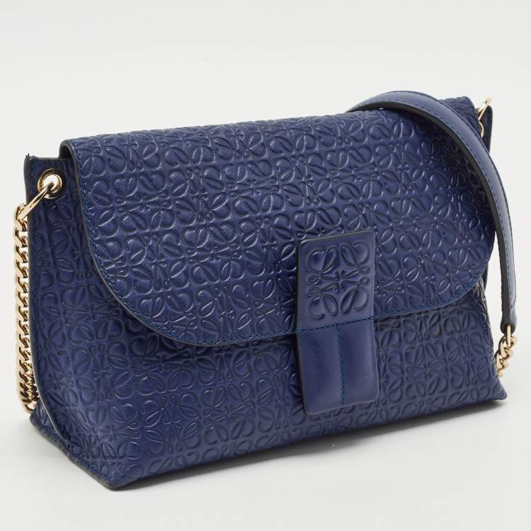 Pre Owned Loewe Blue Logo Embossed Leather Avenue Shoulder Bag