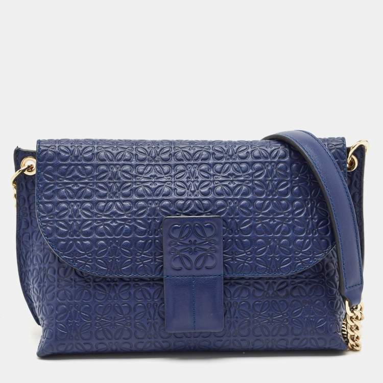 Pre Owned Loewe Blue Logo Embossed Leather Avenue Shoulder Bag