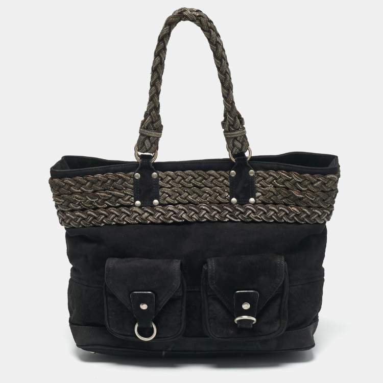 Pre Owned Loewe Black Suede Braided Chain Pocket Tote 