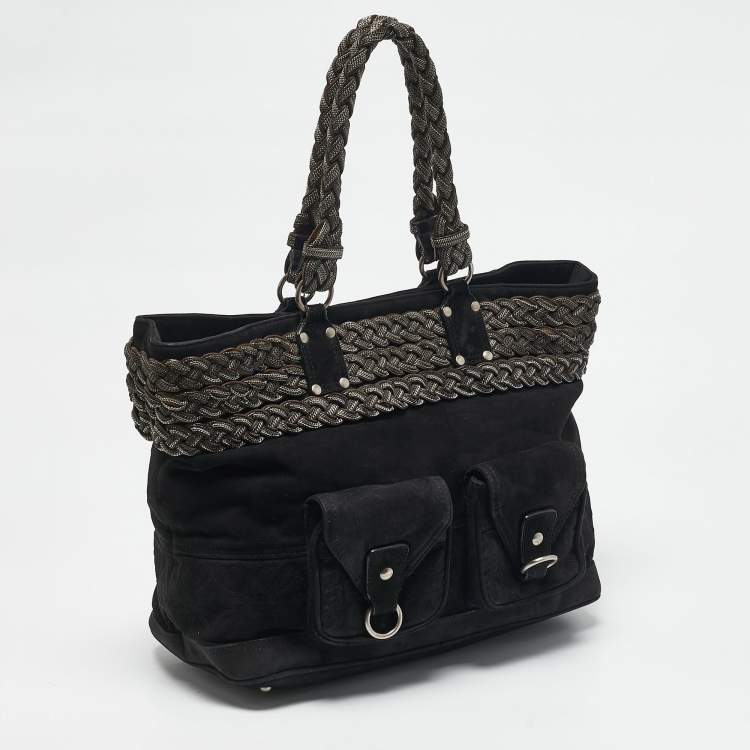 Pre Owned Loewe Black Suede Braided Chain Pocket Tote 