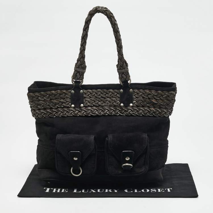 Pre Owned Loewe Black Suede Braided Chain Pocket Tote 