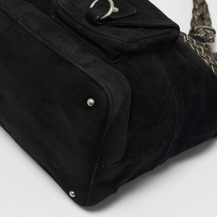 Pre Owned Loewe Black Suede Braided Chain Pocket Tote 