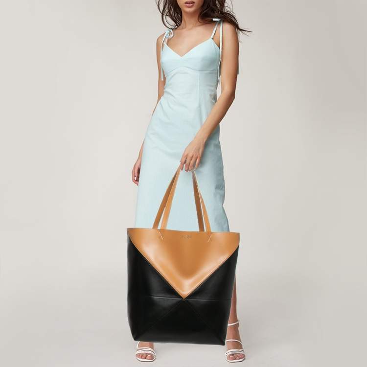 Pre Owned Loewe Black/Brown Leather Puzzle Fold Tote