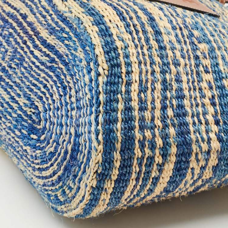 Pre Owned Loewe Blue/Natural Raffia Anagram Shopper Tote