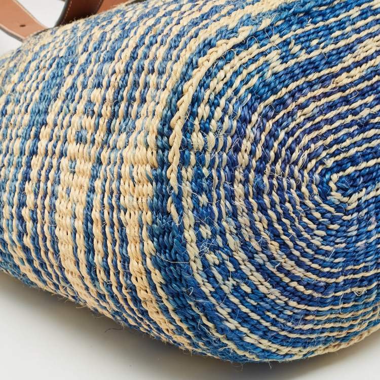 Pre Owned Loewe Blue/Natural Raffia Anagram Shopper Tote