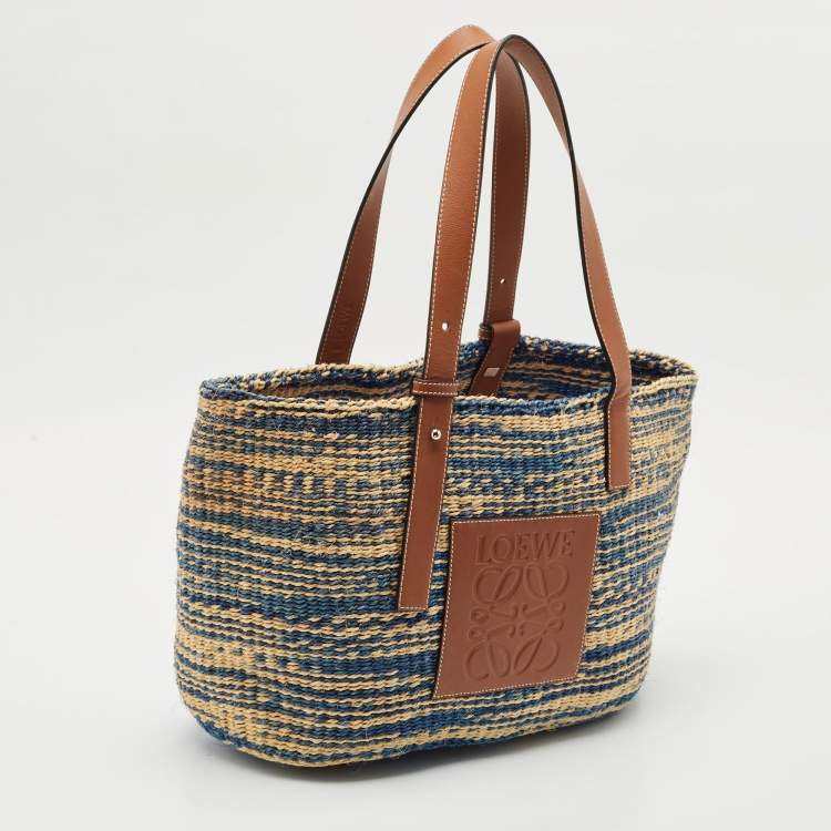 Pre Owned Loewe Blue/Natural Raffia Anagram Shopper Tote