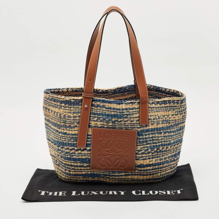 Pre Owned Loewe Blue/Natural Raffia Anagram Shopper Tote