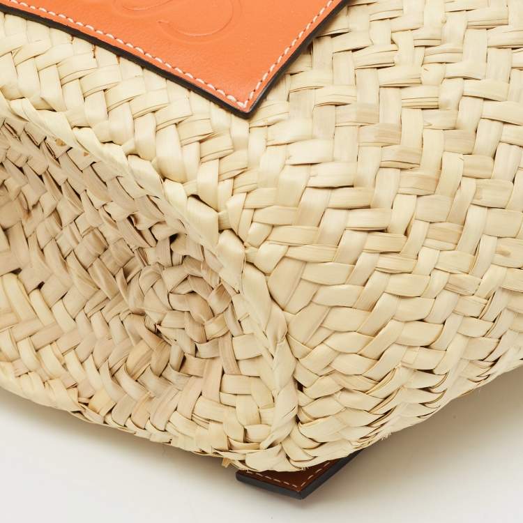 Pre Owned Loewe Brown/Natural Palm Leaf and Leather Small Basket Tote