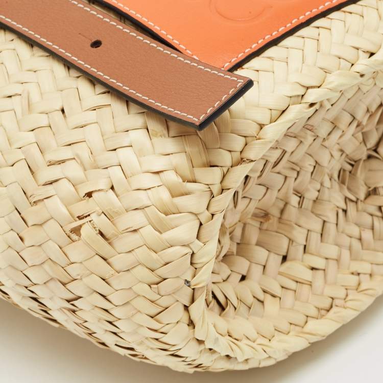 Pre Owned Loewe Brown/Natural Palm Leaf and Leather Small Basket Tote