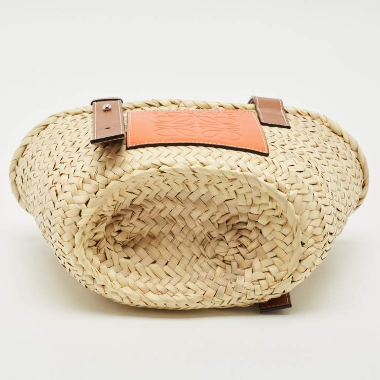 Pre Owned Loewe Brown/Natural Palm Leaf and Leather Small Basket Tote