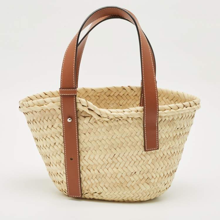 Pre Owned Loewe Brown/Natural Palm Leaf and Leather Small Basket Tote