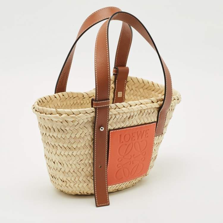 Pre Owned Loewe Brown/Natural Palm Leaf and Leather Small Basket Tote