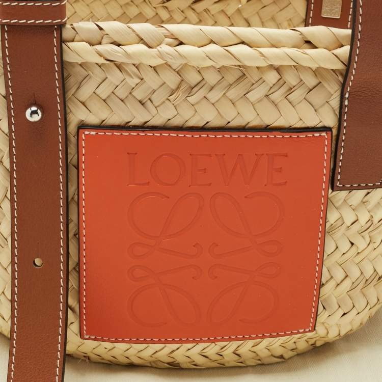 Pre Owned Loewe Brown/Natural Palm Leaf and Leather Small Basket Tote