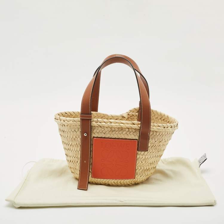 Pre Owned Loewe Brown/Natural Palm Leaf and Leather Small Basket Tote
