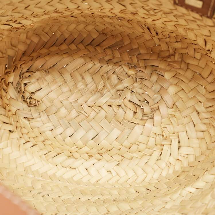 Pre Owned Loewe Brown/Natural Palm Leaf and Leather Small Basket Tote