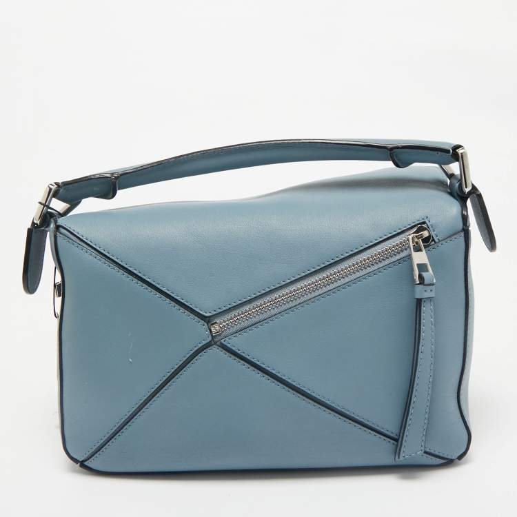 Pre Owned Loewe Light Blue Leather Small Puzzle Shoulder Bag