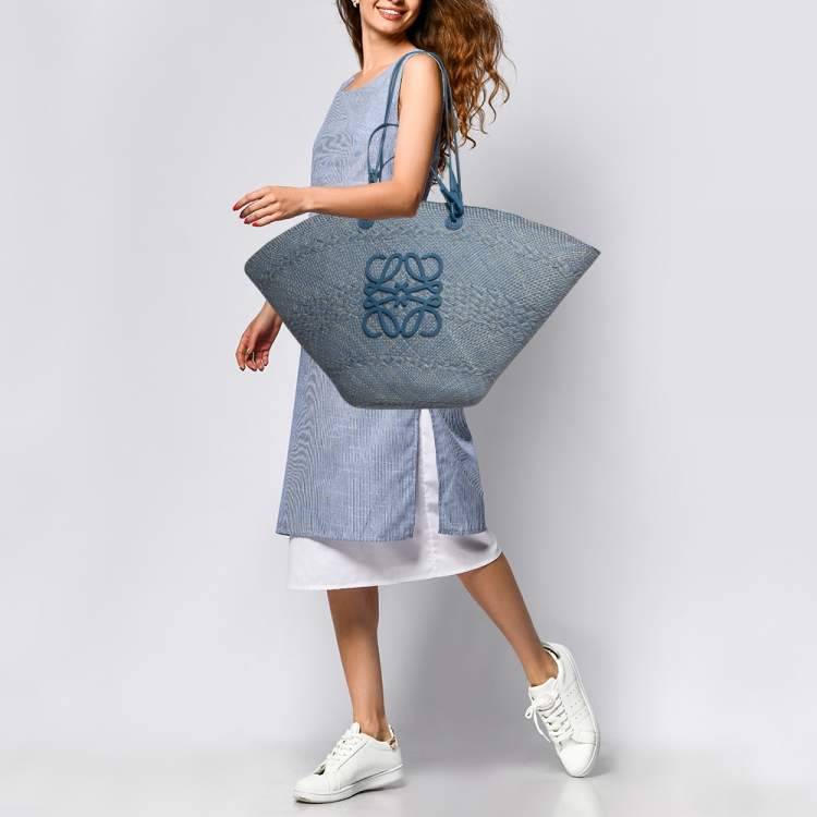Pre Owned Loewe Blue Raffia and Leather Large Anagram Basket Tote