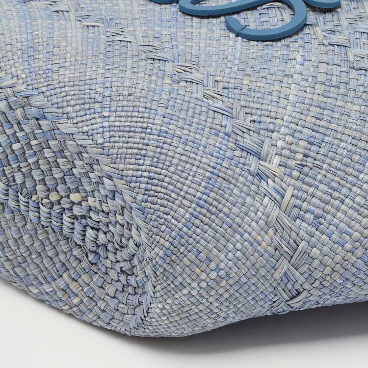 Pre Owned Loewe Blue Raffia and Leather Large Anagram Basket Tote