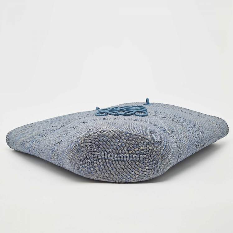 Pre Owned Loewe Blue Raffia and Leather Large Anagram Basket Tote