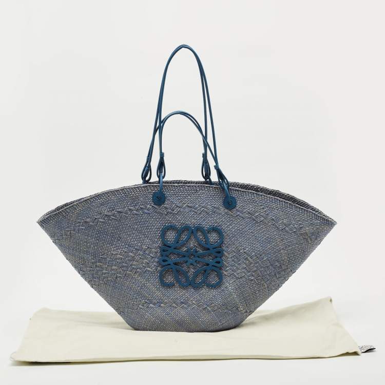 Pre Owned Loewe Blue Raffia and Leather Large Anagram Basket Tote
