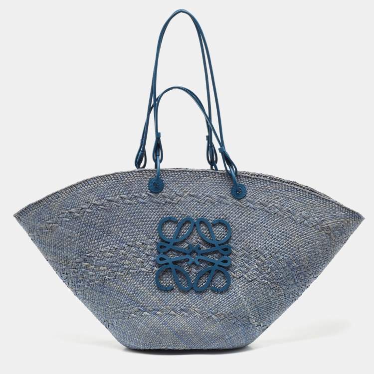 Pre Owned Loewe Blue Raffia and Leather Large Anagram Basket Tote