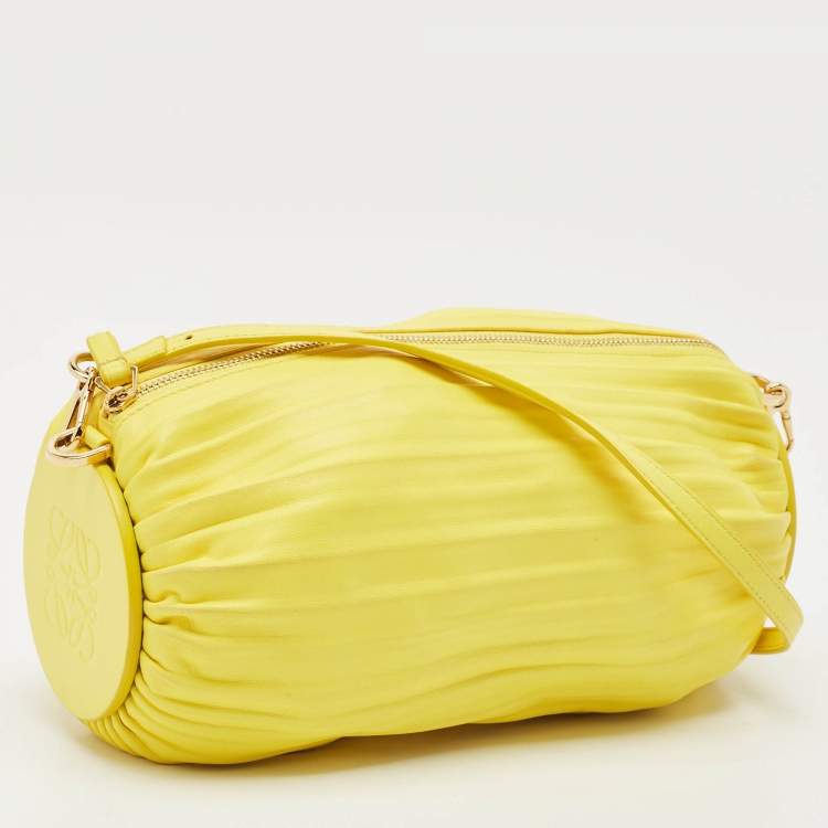 Pre Owned Loewe Yellow Pleated Leather Bracelet Pouch Shoulder Bag