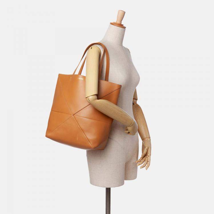 Pre Owned Loewe Brown Medium Shiny Calfskin Puzzle Fold Tote