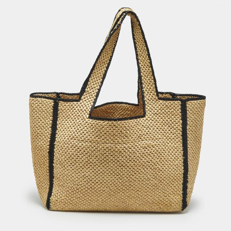 Pre Owned Loewe Beige/Black Woven Raffia Large Font Tote